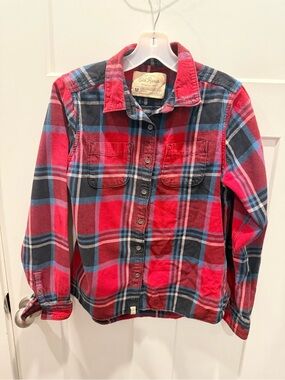 Old Ranch Red Blue Plaid Flannel Shirt Medium 100% Cotton Button Front Outdoor